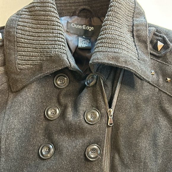 Outer Edge Black Wool Blend Peacoat Zip Closure Waist Buckle Studs. Size XL - Picture 3 of 14